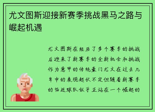 尤文图斯迎接新赛季挑战黑马之路与崛起机遇