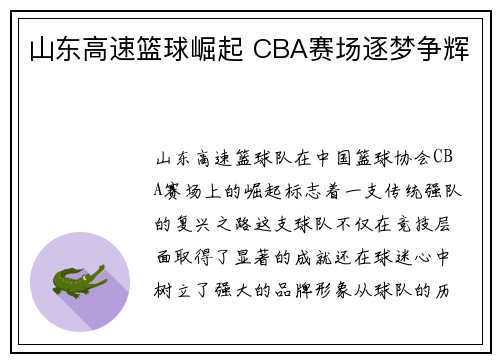 山东高速篮球崛起 CBA赛场逐梦争辉